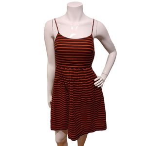 J. CREW red and black/navy striped fit and flare dress with pockets.